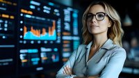 Young blonde businesswoman in glasses and light blue shirt analyzing financial market data on digital screens, arms crossed, confident professional pose.