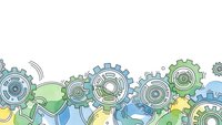 Colorful mechanical gears and cogs in green, blue and yellow tones creating industrial teamwork concept for business presentations and engineering projects.