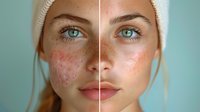 Young woman with acne skin condition shown in before and after comparison, demonstrating skincare treatment results against mint green background.