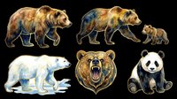 Brown bear walking in profile, blue-toned bear with cub, polar bear in watercolor style, aggressive bear head roaring, and giant panda sitting isolated on transparent background. Ready for t-shirt design, clipart, stickers, sublimation, and print-on-demand products.