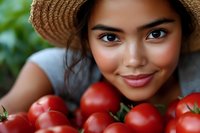 Young Asian woman in straw hat smiling with fresh red tomatoes from garden harvest, close up portrait showing natural beauty and healthy lifestyle.