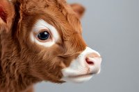 Close-up portrait of young brown and white calf face showing detailed eye and fur texture against gray background, highlighting innocence and tenderness in farm animals.