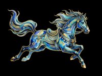 Ornate blue and gold galloping horse with flowing mane, isolated on transparent background, ready for stickers, sublimation, t-shirt design, and print on demand.