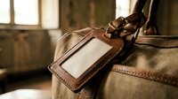 Vintage canvas travel bag with blank brown leather luggage tag, close-up shot for travel, adventure, and personalization concepts.