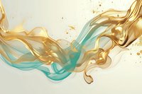 Flowing gold and turquoise liquid abstract waves with splashes on light background create elegant dynamic composition for luxury design projects.