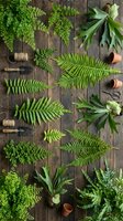 Flat lay arrangement of fresh green ferns and foliage with gardening tools and terracotta pots on rustic wooden surface for botanical and gardening projects.
