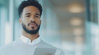 Young African American businessman in white collar shirt reading digital tablet with confident expression in modern office environment.
