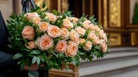 Elegant peach roses arranged in luxurious wedding bouquet with fresh green foliage and delicate leaves against blurred ceremonial background. For wedding and celebration designs.
