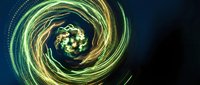 Abstract digital spiral with glowing green and gold light trails creating dynamic circular motion on dark background for technology designs.