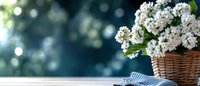 White lilac flowers in wicker basket on wooden table with blue checkered napkin against blurred garden background for spring home decor and floral arrangements.
