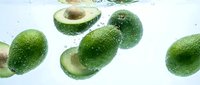 Fresh green avocados splashing in clear water with bubbles. Healthy organic fruit for cooking, nutrition and wellness concepts.