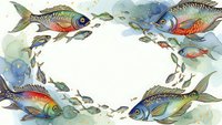 Watercolor fish frame with colorful marine life swimming around white center space for text or design elements on aquatic background.
