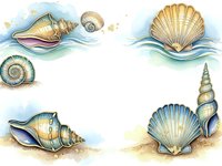 Watercolor seashells frame with ocean waves on white background, marine border design for summer vacation and coastal themed projects.