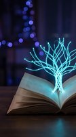 Glowing neon tree emerging from open book pages with bokeh lights in background, symbolizing knowledge, imagination, and learning for educational content and creative projects.