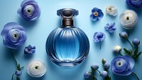 Elegant blue glass perfume bottle surrounded by delicate ranunculus and forget-me-not flowers on blue background, luxury cosmetic product photography styling.