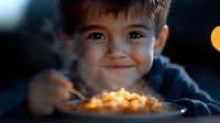 Young child smiling while eating macaroni and cheese pasta dish in dark moody setting with warm lighting and bokeh effect in background.