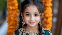 Young girl wearing traditional Indian teal dress with gold embroidery and jewelry, smiling warmly against blurred orange marigold garland background.