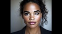 Young African American woman with natural curly hair in elegant portrait, featuring glowing skin, professional makeup and confident expression against neutral background.