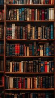 Vintage wooden bookshelf filled with colorful hardcover books featuring ornate spines and classic bindings, creating a cozy library atmosphere.