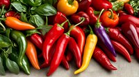 Fresh colorful chili peppers in red, orange, yellow and purple varieties arranged with green basil leaves on neutral linen background, macro food photography.
