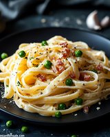 Creamy carbonara pasta with green peas and crispy bacon bits on dark plate. Fresh fettuccine garnished with black pepper and parmesan cheese in moody lighting.