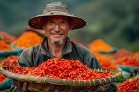 Senior Asian farmer smiling while holding traditional bamboo basket full of freshly harvested red chili peppers against vibrant orange and green background.