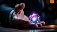 Glowing purple galaxy sphere floating above open palm in dark setting, magical cosmic orb with stars and nebula effects creates mystical atmosphere.