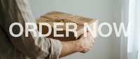 Man holding a kraft paper wrapped gift box with twine bow and bold Order Now text overlay for e-commerce and retail promotions.