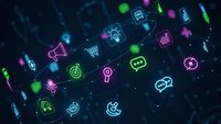 Digital marketing icons floating in dark blue space with neon glow effects. Social media symbols for business communication and online advertising campaigns.
