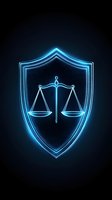 Glowing blue neon scales of justice symbol inside shield shape on dark background, representing law protection and legal security concept.