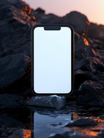 Modern smartphone with blank white screen on dark volcanic rocks at sunset, reflecting in water surface with glowing orange lava elements in background.