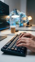 Hands typing on keyboard with glowing cloud computing hologram above workspace. Digital transformation and remote work technology concept for business.