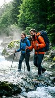 Happy couple hiking together crossing mountain stream with backpacks and trekking poles in lush green forest during outdoor adventure expedition.