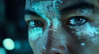 Close up view of eyes with digital holographic data overlay and cyan blue technology elements projected on face in dark atmospheric setting.