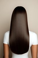 Back view of woman with long, straight, glossy dark brown hair against neutral beige background, showcasing healthy hair treatment results.