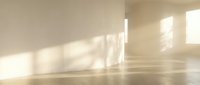 Empty modern interior room with warm sunlight streaming through windows creating soft shadows on beige walls and polished wooden floor for design projects.
