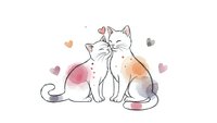 Two adorable cats sitting together with hearts, watercolor style illustration on white background perfect for romantic greeting cards and love designs.