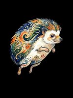 Decorative hedgehog with ornamental patterned quills in blue, orange, and gold tones, isolated on transparent background. Ready for t-shirts, stickers, clipart, and print-on-demand designs.