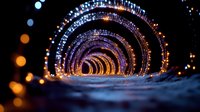 Glowing circular light tunnel with bokeh effect creates magical atmosphere against dark background. Illuminated archway forms spiral perspective with blurred lights.