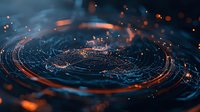Glowing spider web with morning dew drops illuminated by orange light and bokeh effects against dark blue background, creating magical natural macro photography.