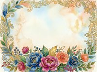 Watercolor floral frame with golden ornaments, colorful peonies, roses, and berries on a soft vintage background with copy space.