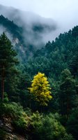 Solitary yellow tree standing out among green pine forest with misty mountains in background, creating dramatic natural contrast.