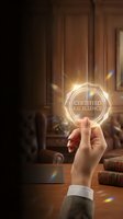 Caucasian woman's hand holding glowing certified excellence badge with light rays in elegant office interior with wooden paneling, books and desk for business success and quality assurance concepts.