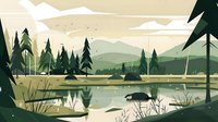 Serene mountain lake landscape with evergreen forest, rolling hills and peaceful water reflection in minimalist flat design style for nature themes.