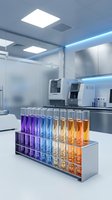 Modern laboratory with colorful test tubes in rack showing chemical solutions from purple to orange gradient in sterile research facility.