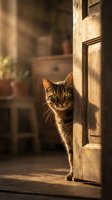 Curious tabby cat peeking around wooden door frame in warm sunlight, rustic home interior with cozy atmosphere and natural lighting.