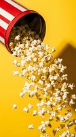 Spilled popcorn from red striped container on bright yellow background for movie night entertainment and cinema snack concepts.