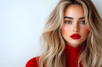 Young woman with blonde wavy hair wearing bright red lipstick and turtleneck sweater against white background, looking at camera with confident expression.
