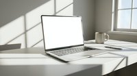Modern laptop with blank white screen on minimalist white desk in bright office workspace with natural window light and coffee mug for mockup presentations.