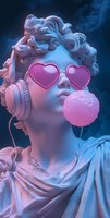 Young woman in heart-shaped sunglasses and headphones enjoying pink cotton candy against dark background with dramatic neon lighting and smoke effects.